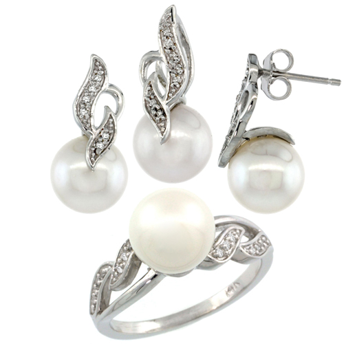 14k White Gold Wavy Pearl Ring, Earrings & Necklace Set w/ 0.125 Carat Brilliant Cut ( H-I Color; VS2-SI1 Clarity ) Diamonds & 9