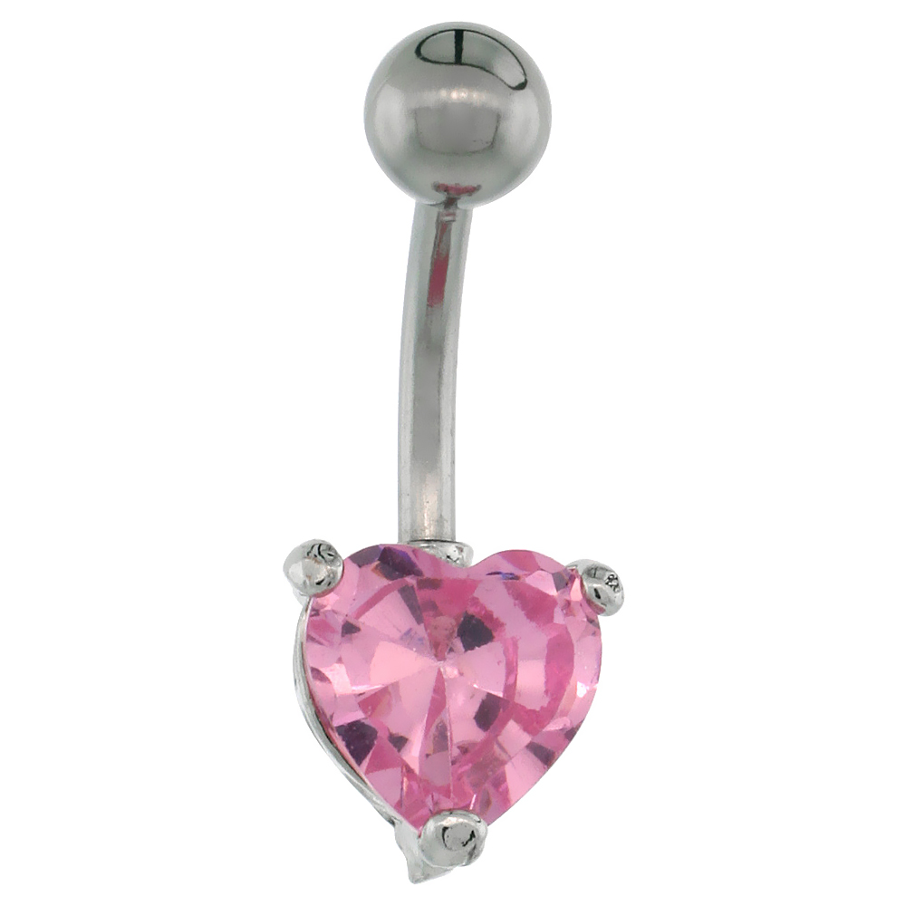 Surgical Steel Barbell Belly Button Ring w/ 8mm Pink Heart-shaped CZ Stone