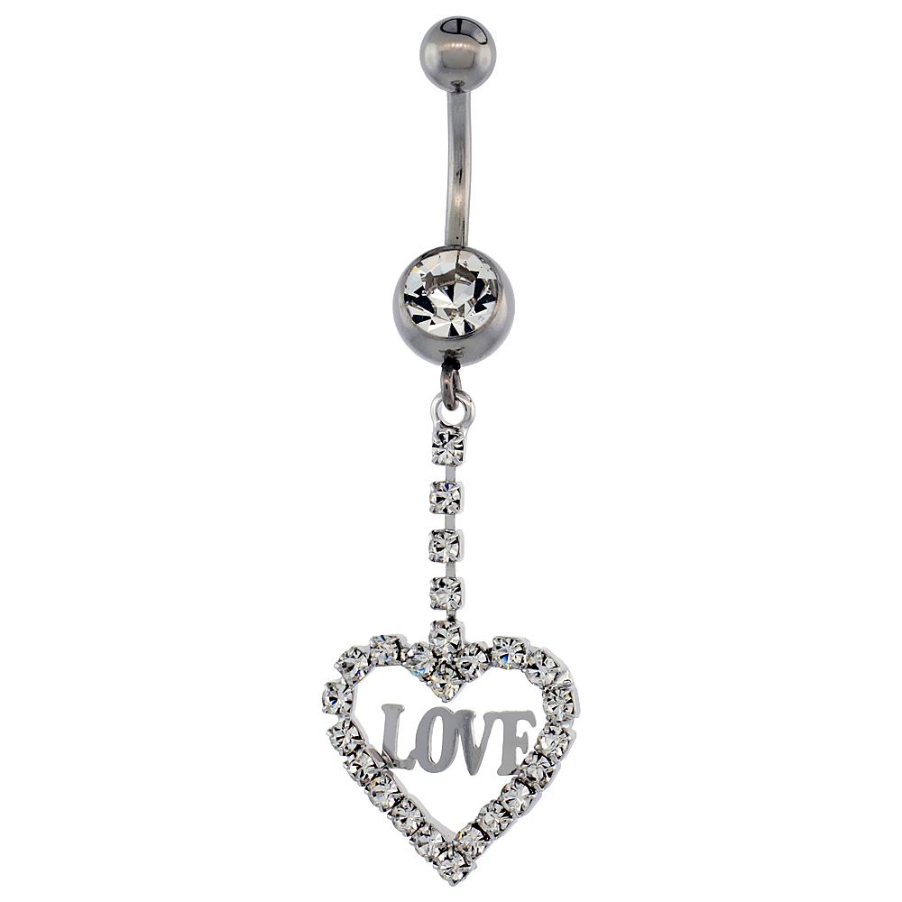 Surgical Steel Barbell Heart LOVE Belly Button Ring w/ Crystals, 1 5/8 inch