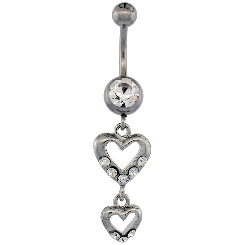 Surgical Steel Barbell Double Heart Cut Out Belly Button Ring w/ Crystals, 1 5/16 inch