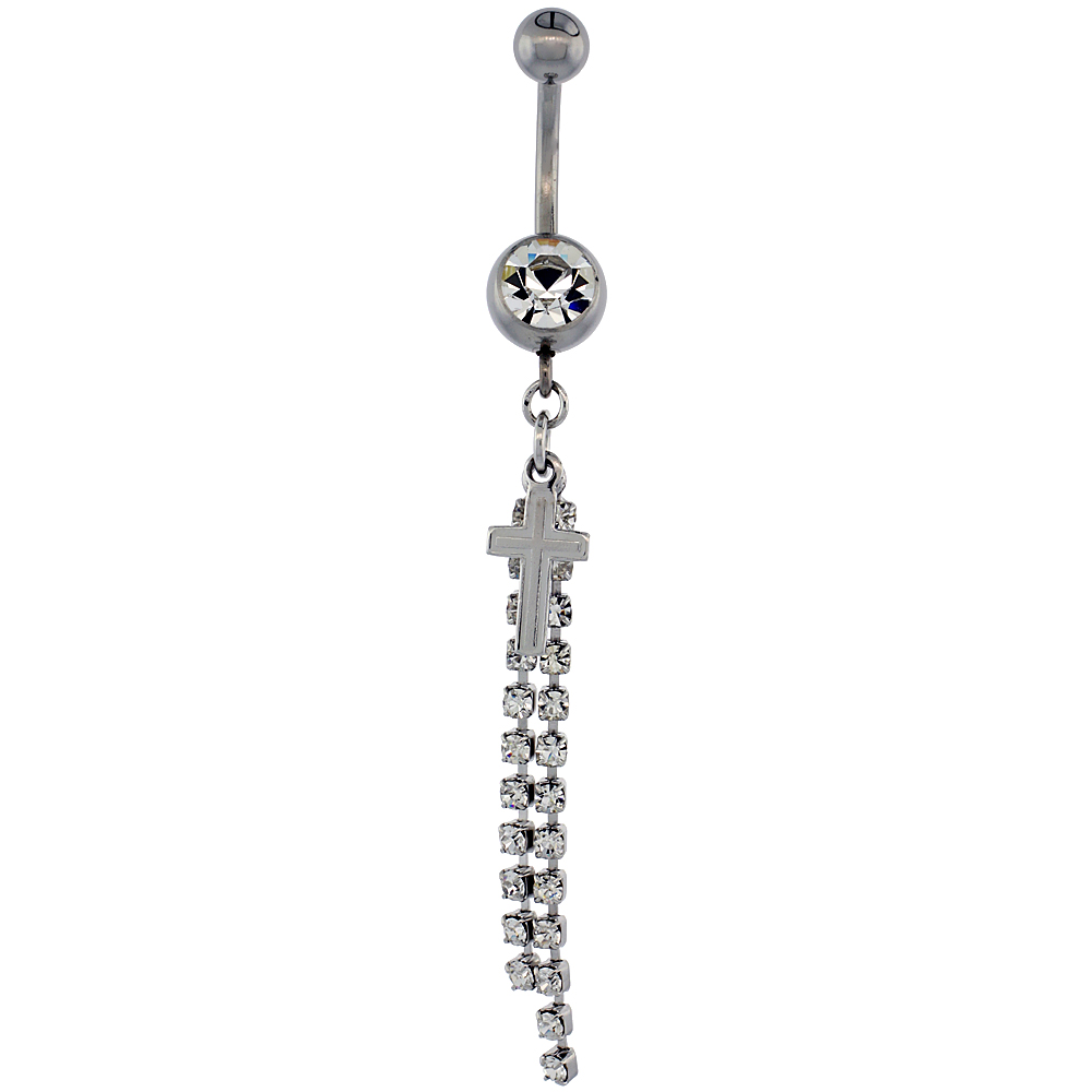 Surgical Steel Barbell Double Dangle Strand & Cross Belly Button Ring w/ Crystals, 2 1/4 inch