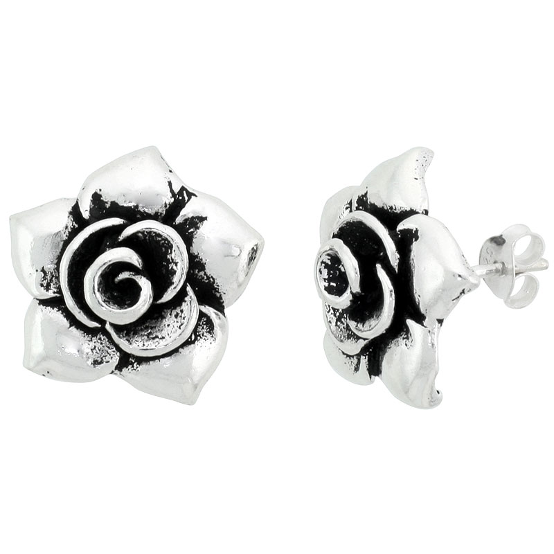 Sterling Silver Tea Rose Flower Earrings, 21/32 wide