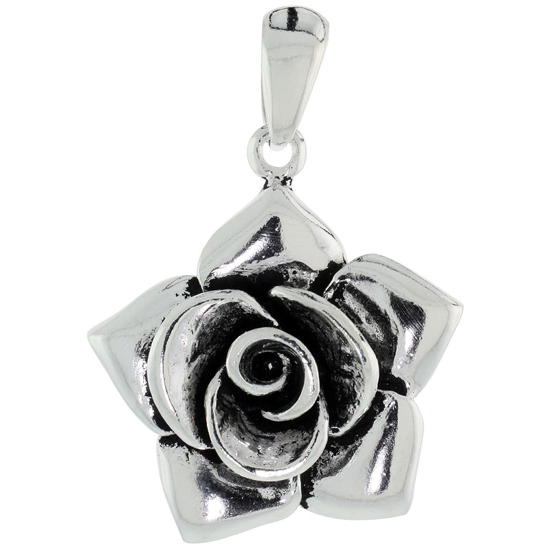 Sterling Silver Tea Rose Flower Pendant, 1 1/8 inch wide
