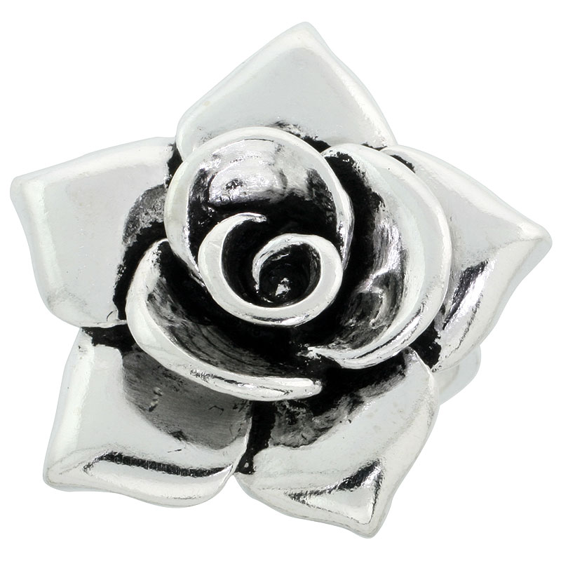 Sterling Silver Tea Rose Flower Ring, 1 7/32 inch wide, sizes 6 - 10