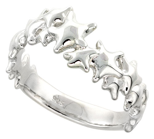 Sterling Silver Stars Ring Flawless finish 5/16 inch wide, sizes 6 to 10