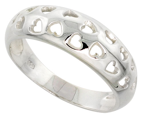 Sterling Silver Narrow Domed Hearts Ring Flawless finish 5/16 inch wide, sizes 6 to 10