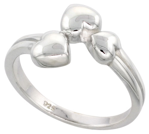 Sterling Silver 3-Heart Ring Flawless finish 1/2 inch wide, sizes 6 to 10