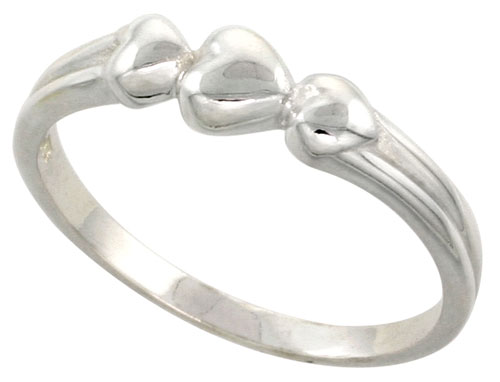 Sterling Silver 3-Heart Ring Flawless finish 1/4 inch wide, sizes 6 to 10