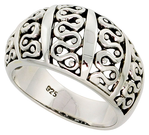 Sterling Silver Dome Cigar Band Wavy Pattern Ring Flawless finish 1/2 inch wide, sizes 6 to 10