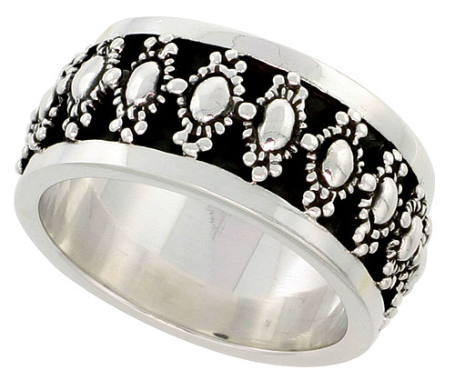 Sterling Silver Floral Beads Band Ring Flawless finish 1/2 inch wide, sizes 6 to 10
