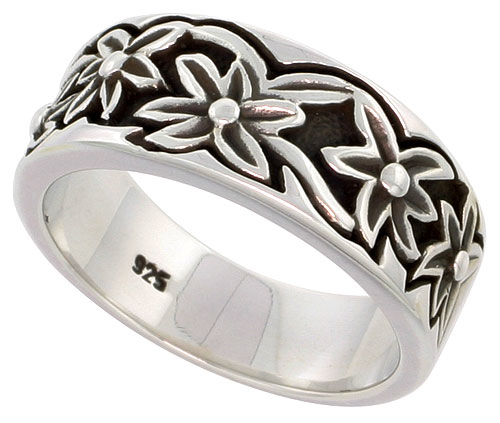 Sterling Silver Floral Pattern Band Ring Flawless finish 3/8 inch wide, sizes 6 to 10