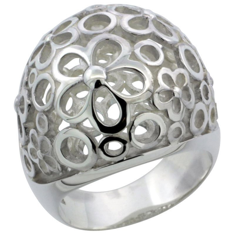 Ladies Sterling Silver Large Flower Gallery Ring 7/8 inch wide, sizes 6 - 10