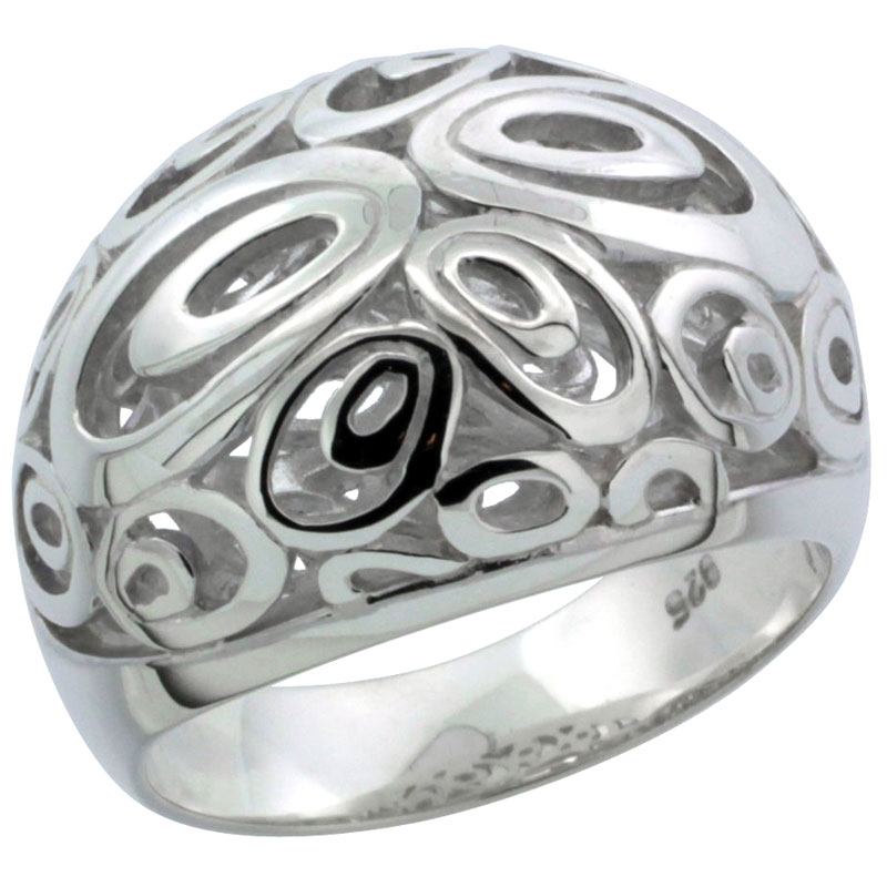 Ladies Sterling Silver Oval Swirls Gallery Ring 5/8 inch wide, sizes 6 - 10