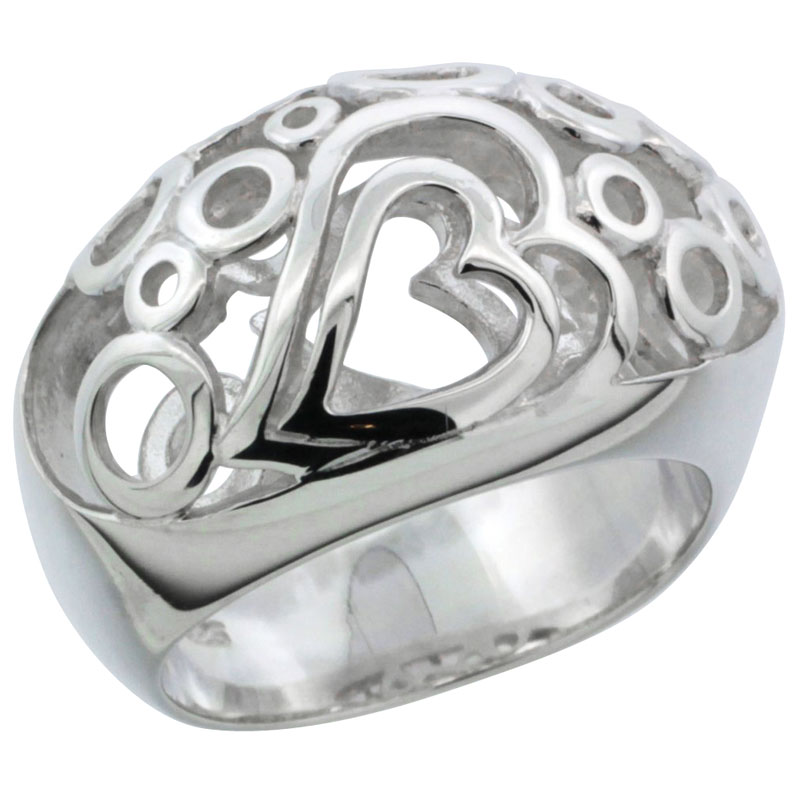 Ladies Sterling Silver Heart and Circles Gallery Ring 17/32 inch wide, sizes 6 - 10