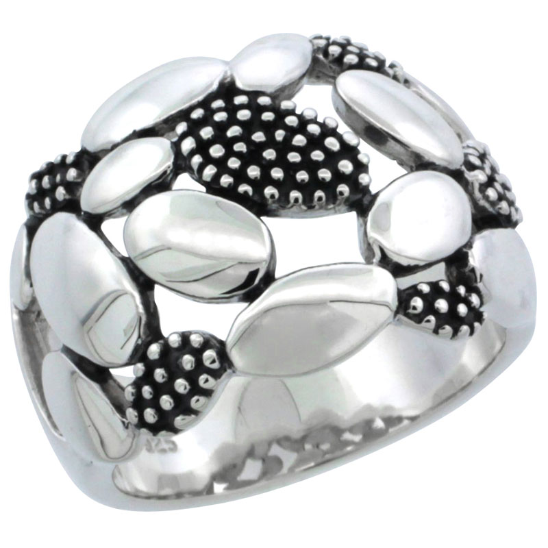 Ladies Sterling Silver Ring High Polished Plain & Beaded Oval 5/8 inch wide, sizes 6 - 10