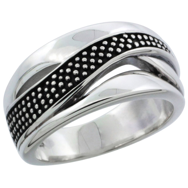 Ladies Sterling Silver Single Beaded Stripe Ring 3/8 inch wide, sizes 6 - 10