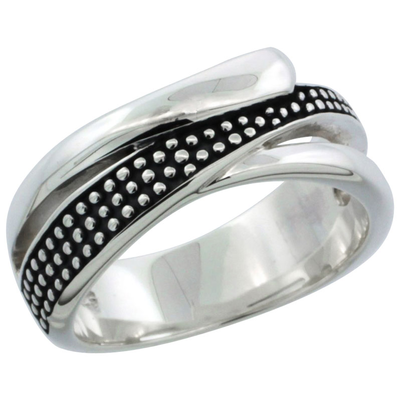 Ladies Sterling Silver Single Beaded Stripe Ring 5/16 inch wide, sizes 6 - 10