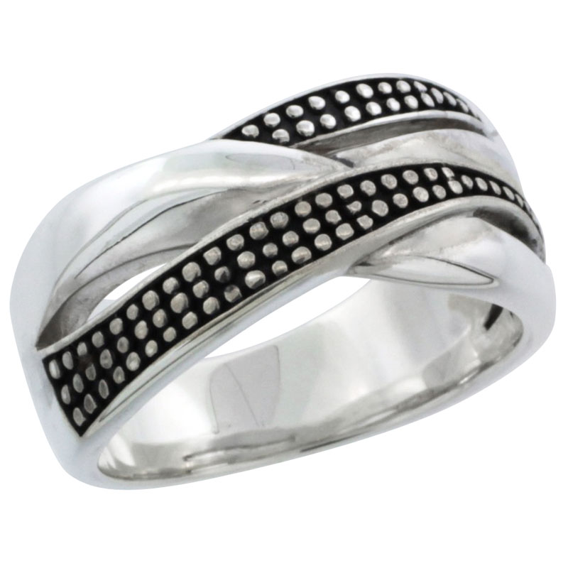 Ladies Sterling Silver Crisscross Ring Two Beaded Stripes 3/8 inch wide, sizes 6 - 10