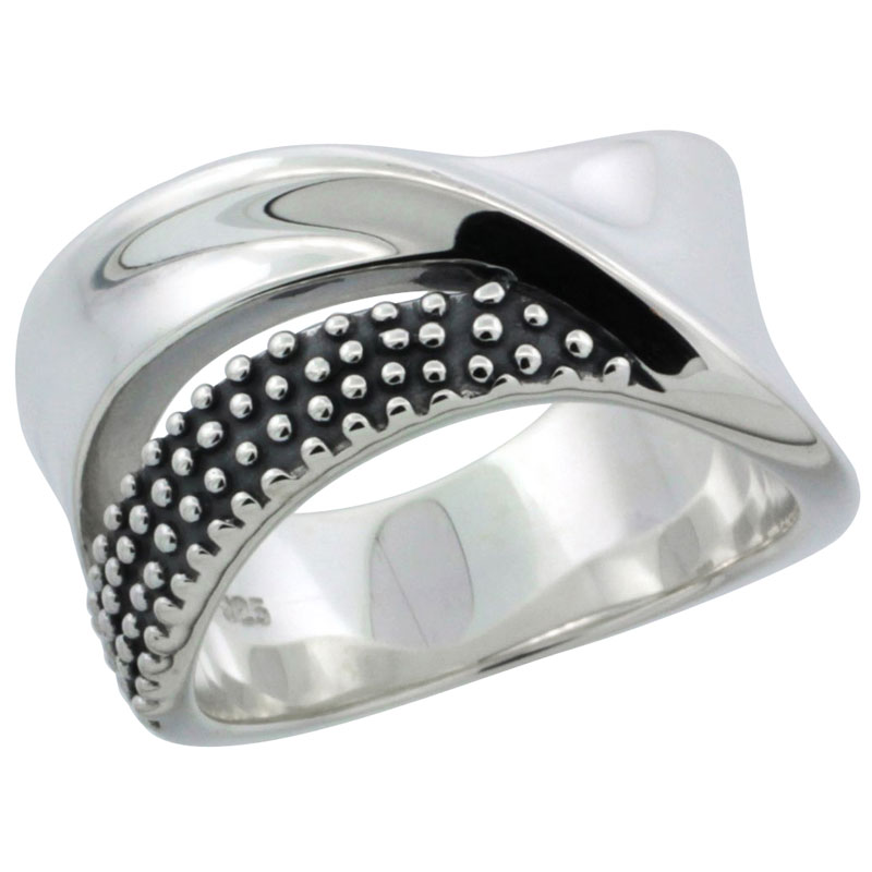 Ladies Sterling Silver Crisscross Ring Beaded Stripe 15/32 inch wide, sizes 6 - 10