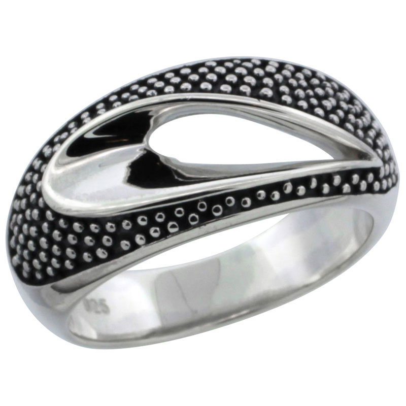 Ladies Sterling Silver Oval Swirl Ring Beaded 15/32 inch wide, sizes 6 - 10