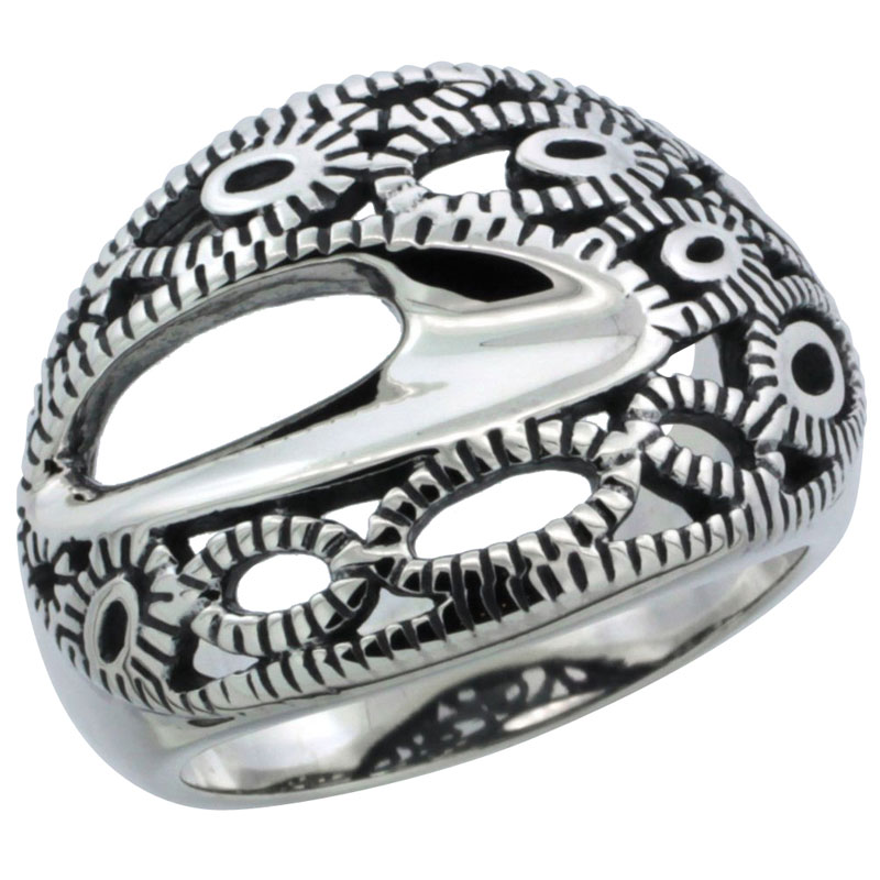 Ladies Sterling Silver Oval Swirl Ring Coin-Edge 5/8 inch wide, sizes 6 - 10