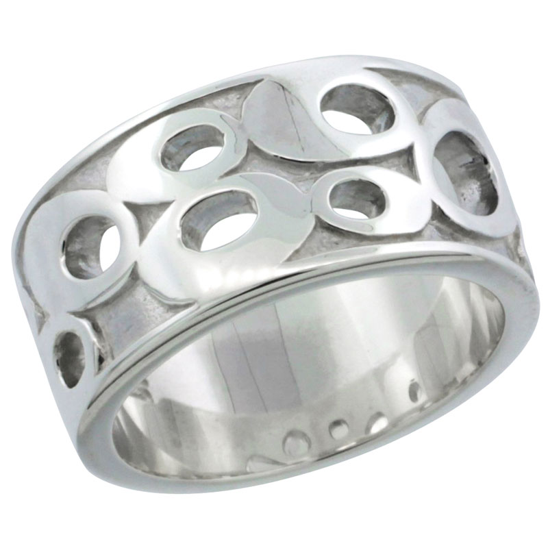 Ladies Sterling Silver High Polished Ring Oval Shapes 3/8 inch wide, sizes 6 - 10