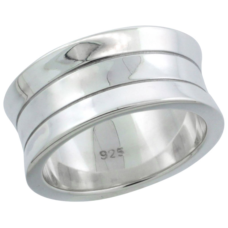 Ladies Sterling Silver Concave Ring Triple Stripe High Polished 3/8 inch wide, sizes 6 - 10
