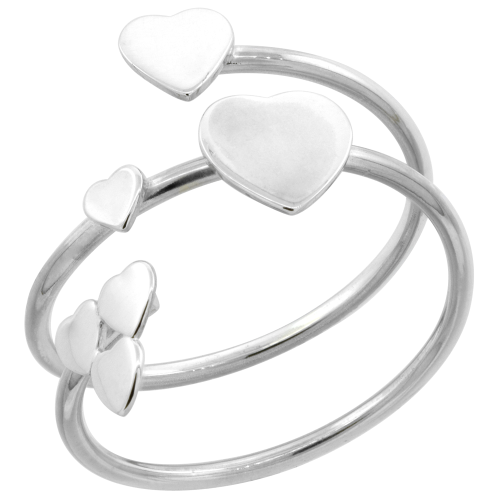 Sterling Silver Hearts Wrap High Polished Ring 11/16 inch wide, sizes 6 - 9