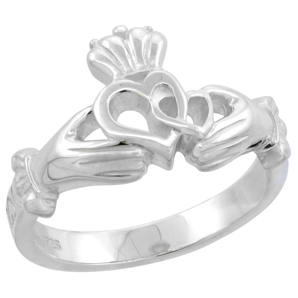 Sterling Silver Claddaugh with Two Hearts High Polished Ring 1/2 inch wide, sizes 6 - 9 with half sizes