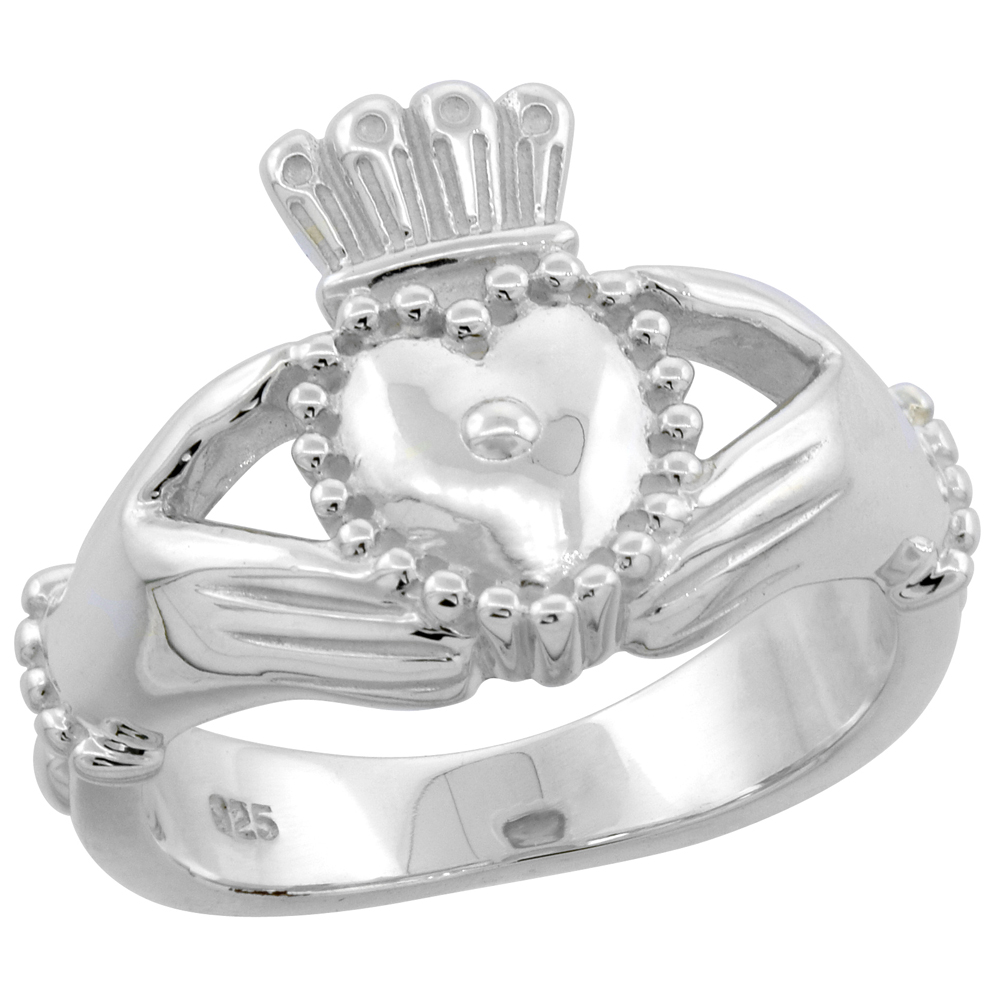 Sterling Silver Claddagh High Polished Ring 9/16 inch wide, sizes 6 - 9 with half sizes