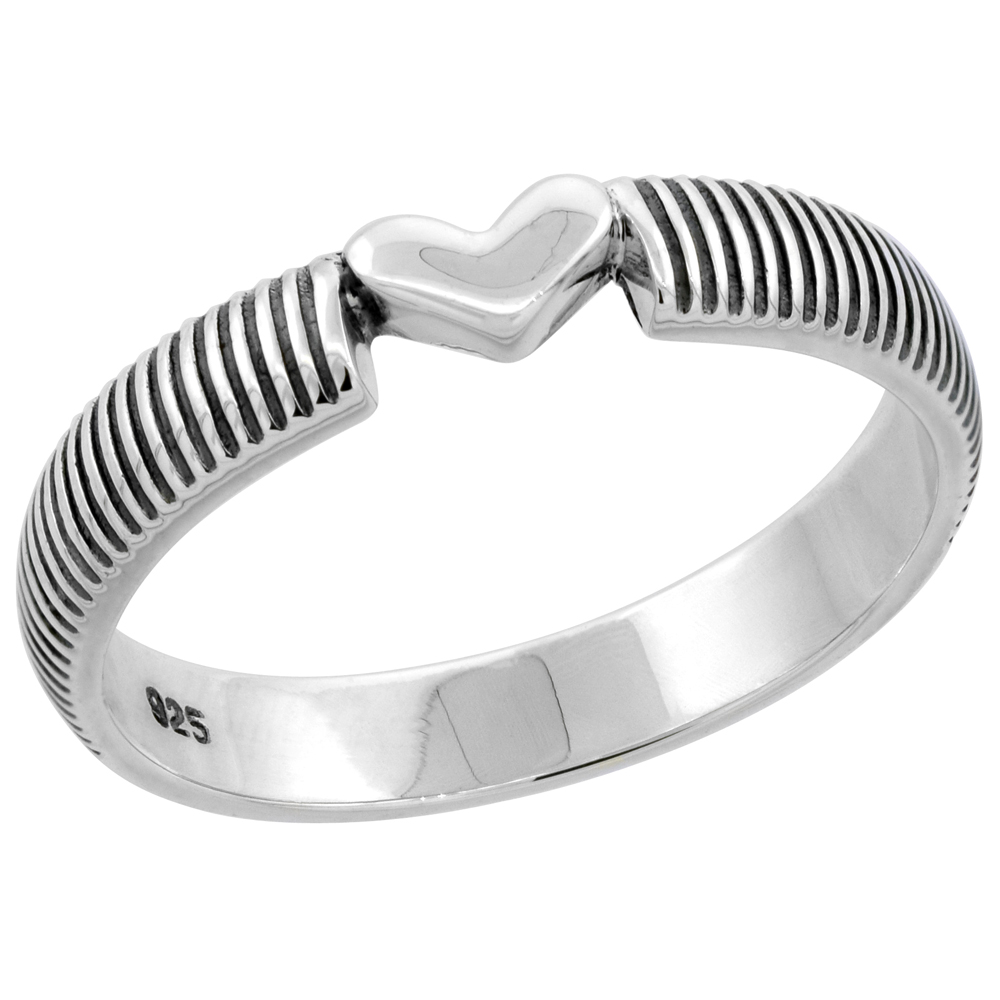Sterling Silver Plain Solid Heart High Polished Ring Milgrain Design 1/8 inch wide, sizes 6 - 9 with half sizes