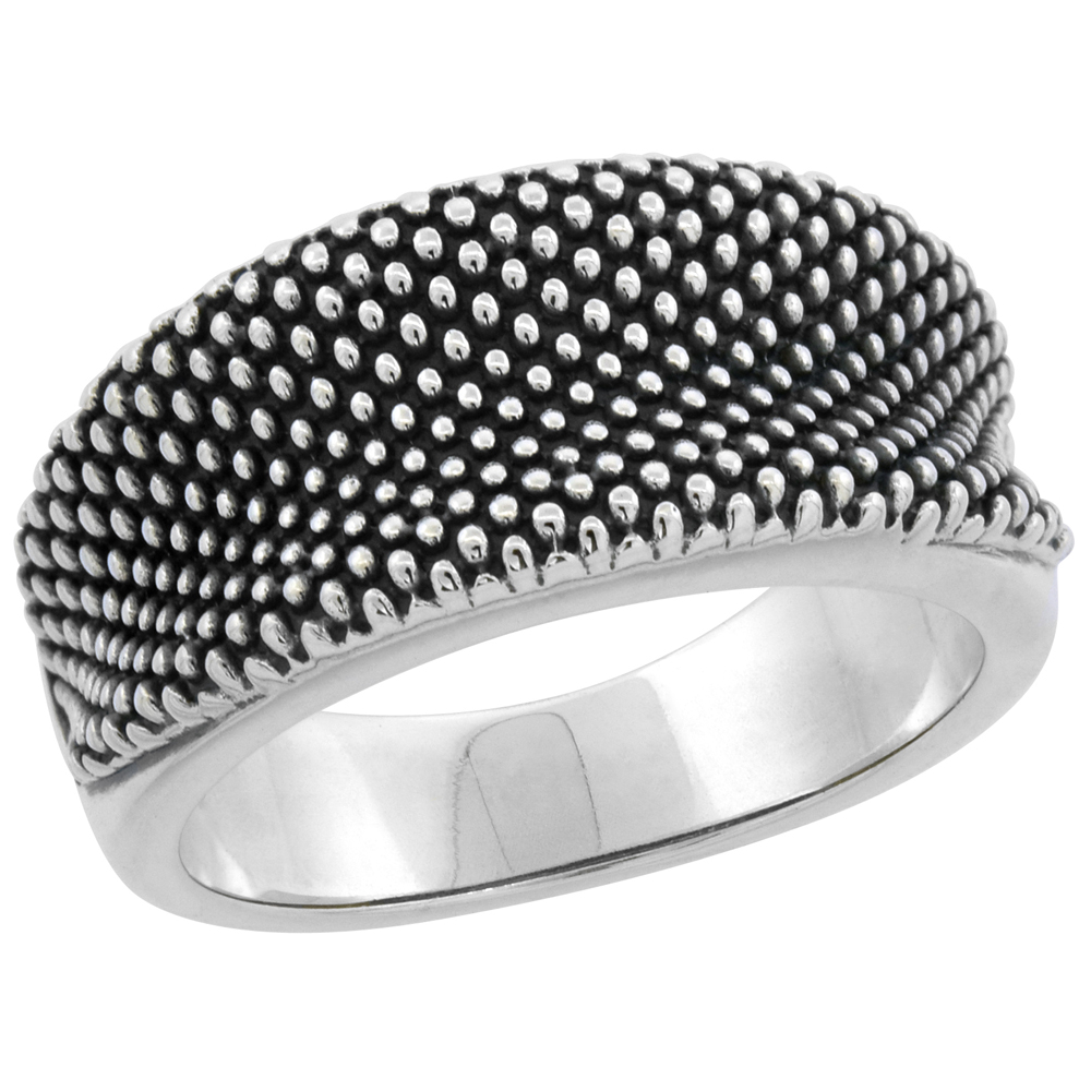 Sterling Silver Concave Beaded High Polished Ring 3/8 inch wide, sizes 6 - 9 with half sizes