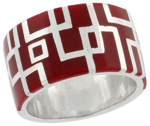 Sterling Silver High Polished Geometric Pattern Ring Red Enamel 15/32 inch wide, sizes 6 to 10