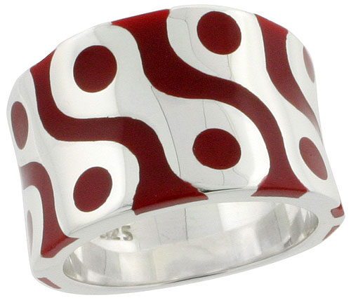 Sterling Silver High Polished Mask Ring Red Enamel 1/2 inch wide, sizes 6 to 10