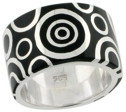 Sterling Silver High Polished Circles Ring Black Enamel 15/32 inch wide, sizes 6 to 10