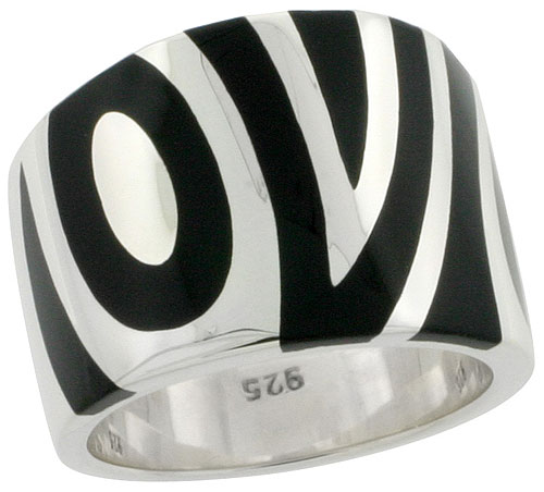 Sterling Silver High Polished Circles & Lines Ring Black Enamel 5/8 inch wide, sizes 6 to 10