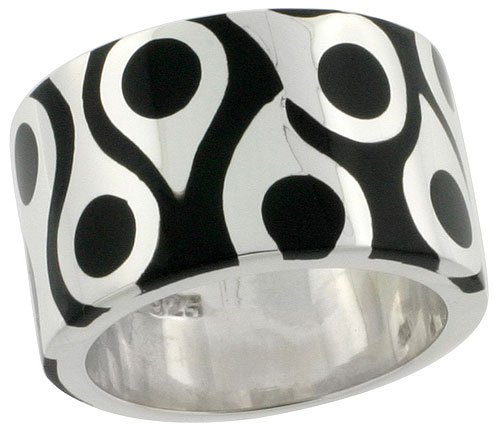 Sterling Silver High Polished Drops Ring Black Enamel 1/2 inch wide, sizes 6 to 10