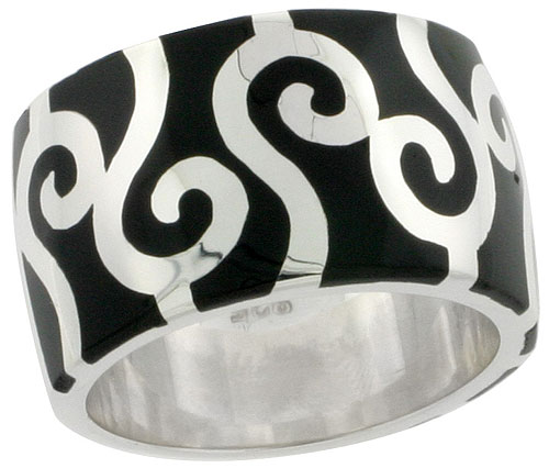 Sterling Silver High Polished Swirls Ring Black Enamel 15/32 inch wide, sizes 6 to 10