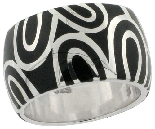 Sterling Silver High Polished Loops Ring Black Enamel 15/32 inch wide, sizes 6 to 10