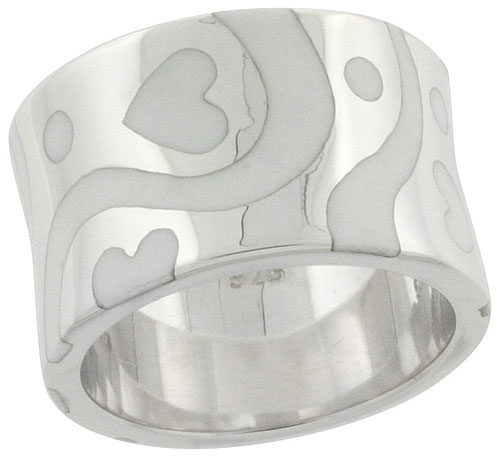 Sterling Silver High Polished Hearts Ring White Enamel 1/2 inch wide, sizes 6 to 10