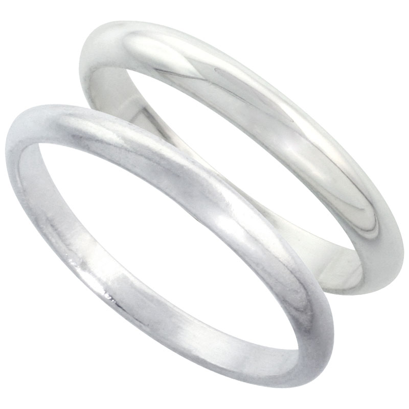 Sterling Silver High Dome Wedding Band Ring Set his and Hers 2 mm sizes 4 - 9.5 + 3 mm: sizes 4 - 13.5