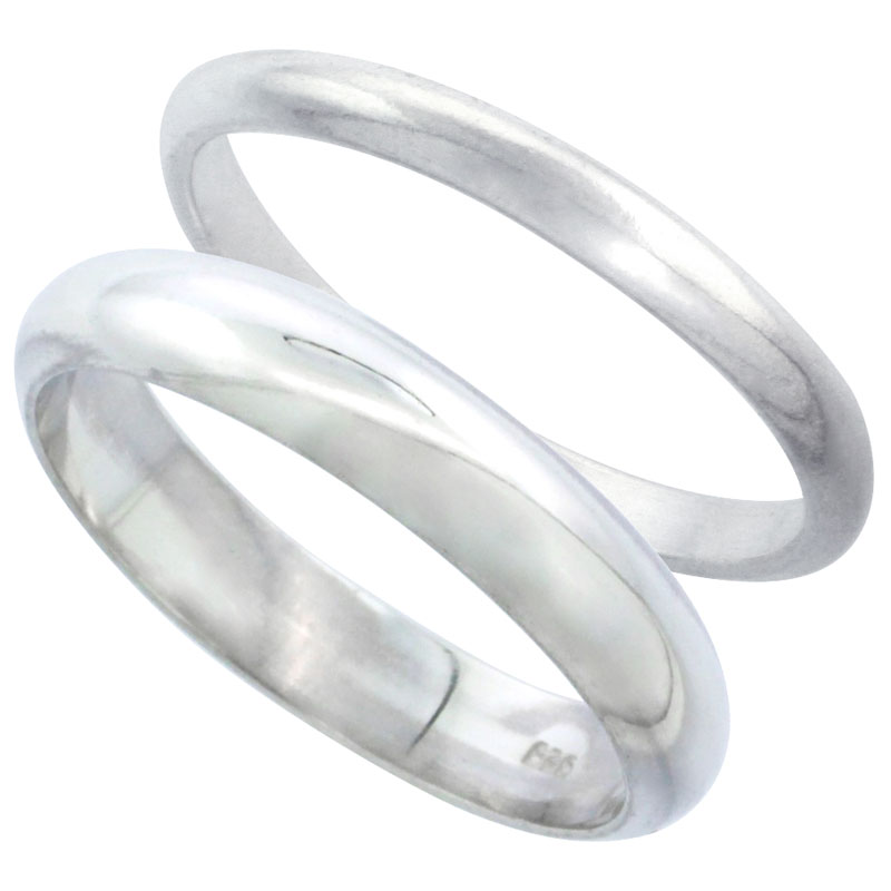 Sterling Silver High Dome Wedding Band Ring Set his and Hers 2 mm sizes 4 - 9.5 + 4 mm-sizes 4 - 13.5