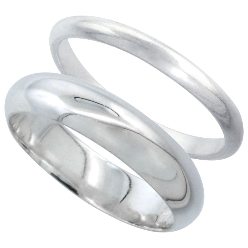 Sterling Silver High Dome Wedding Band Ring Set his and Hers 2 mm sizes 4 - 9.5 + 5 mm-sizes 4 - 13.5