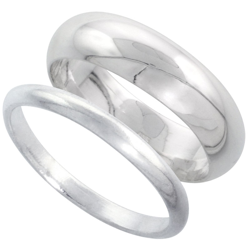 Sterling Silver High Dome Wedding Band Ring Set his and Hers 2 mm sizes 4 - 9.5 + 6 mm-sizes 4 - 13.5