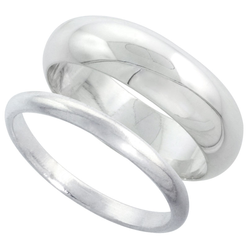 Sterling Silver High Dome Wedding Band Ring Set his and Hers 2 mm sizes 4 - 9.5 + 7 mm-sizes 4 - 13.5