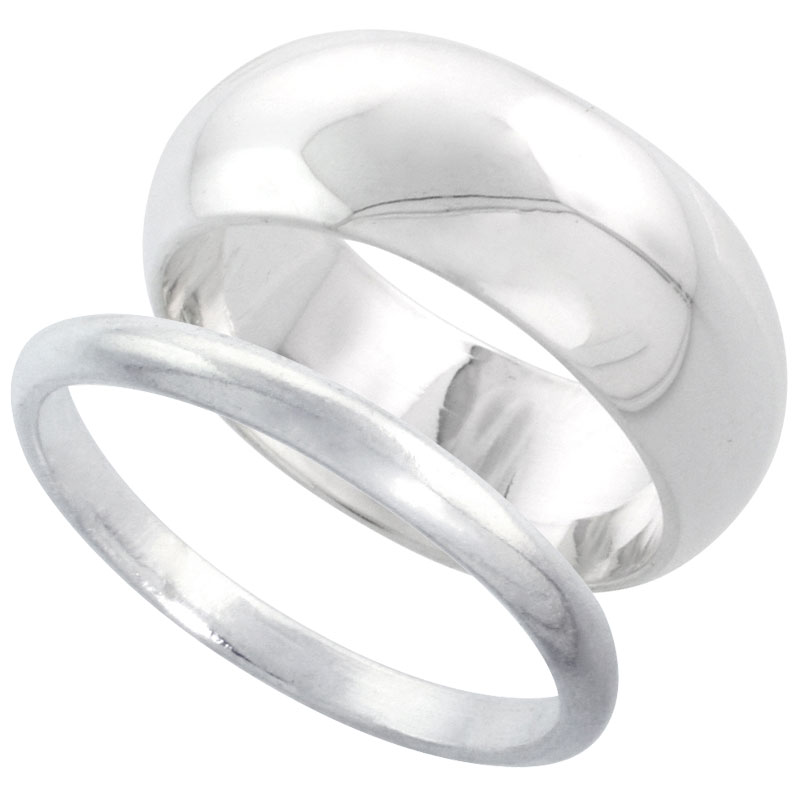 Sterling Silver High Dome Wedding Band Ring Set his and Hers 2 mm sizes 4 - 9.5 + 8 mm-sizes 4 - 13.5