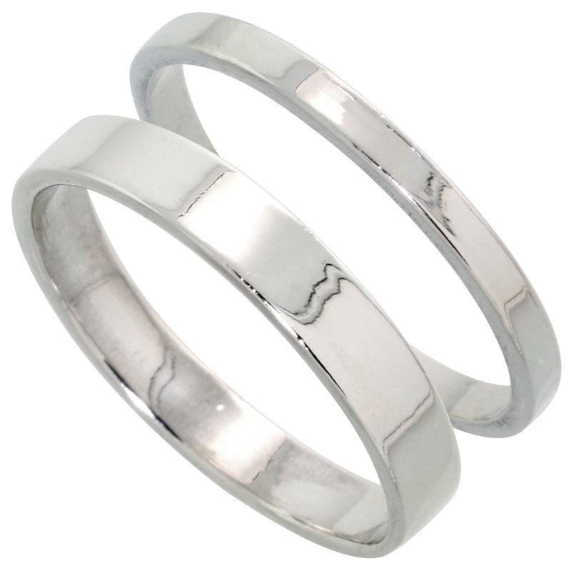 Sterling Silver Flat Wedding Band Ring Set his and Hers 2 mm sizes 4 - 9.5 + 4 mm-sizes 4 - 13.5