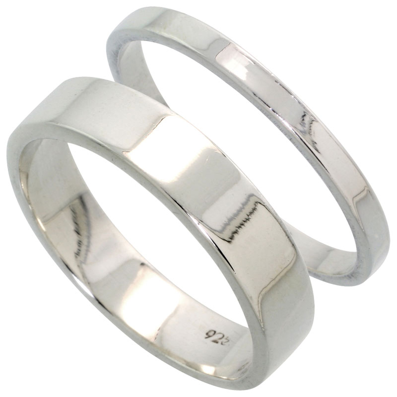 Sterling Silver Flat Wedding Band Ring Set his and Hers 2 mm sizes 4 - 9.5 + 5 mm-sizes 4 - 13.5