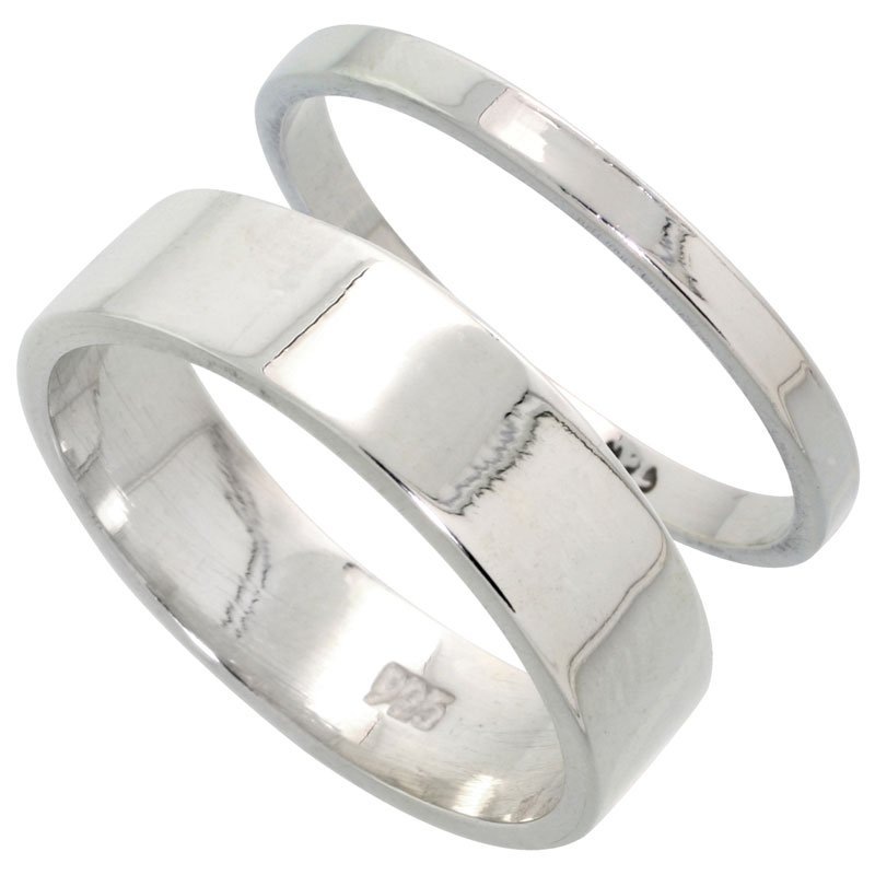 Sterling Silver Flat Wedding Band Ring Set his and Hers 2 mm sizes 4 - 9.5 + 6 mm-sizes 4 - 13.5