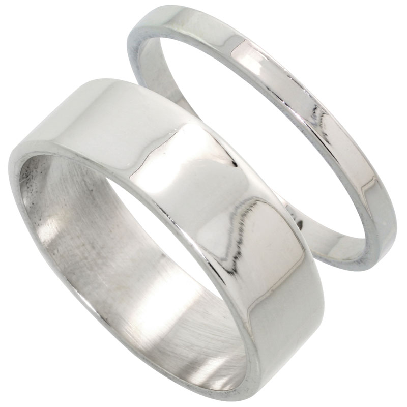 Sterling Silver Flat Wedding Band Ring Set his and Hers 2 mm sizes 4 - 9.5 + 7 mm-sizes 4 - 13.5